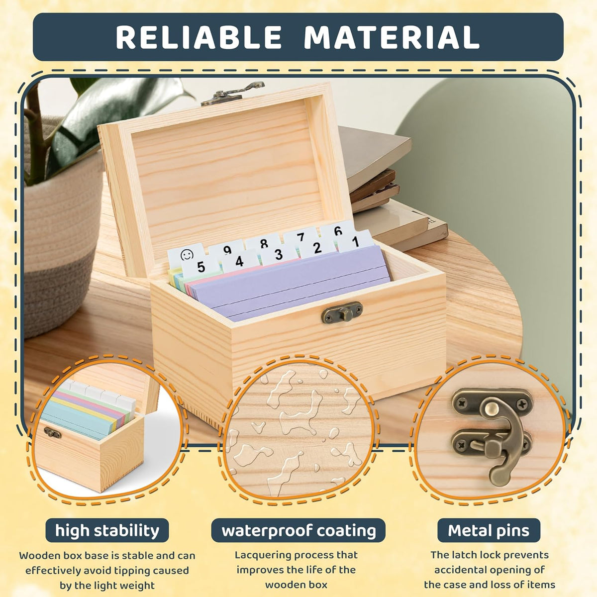 MOBYKE Index Card Holder 3x5, 100 Pcs Heavy-Duty Index Card Business Card Organizer Wooden Recipe Box with Dividers Flash Card Holder with 30 White Dividers, 1 Blank Sticker and 1 Letter Sticker