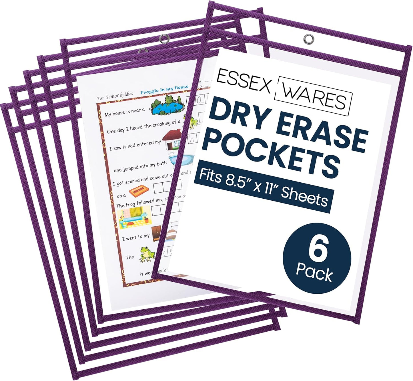 Essex Wares - 6 Pack, Grape, Durable Water-Resistant Dry Erase Pocket Document Protectors, 10" Wide x 13.5" Tall - Dry Erase Clear Plastic Sleeves - Reusable & Easy Erase Plastic Invoice Holders