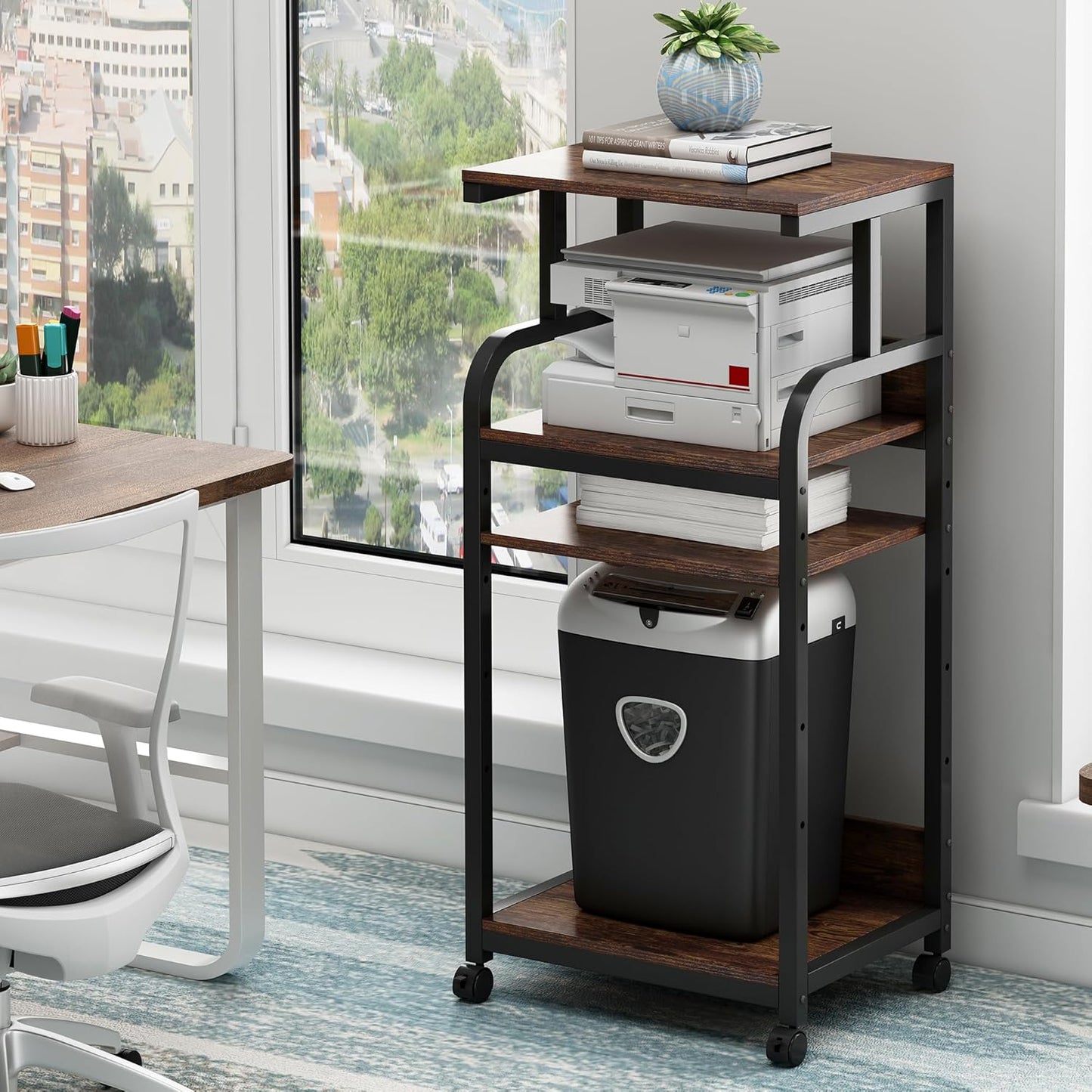 4-Tier Printer Stand with Adjustable Storage Shelf, Large Tall Printer Table with Wheels for Home Office Small Spaces Organization, Rustic Brown