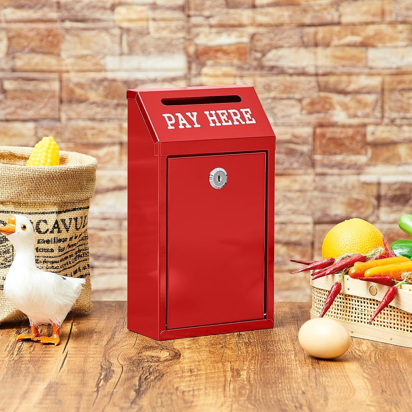 Safe Cash Box Money Collection Metal Donation Box with Lock Wall Mount Pre Drilled Mailbox Delivery Ballot for Home Office Outdoor Self Serve Stand(Red,10.2 x 5.7 x 2.8 Inch)