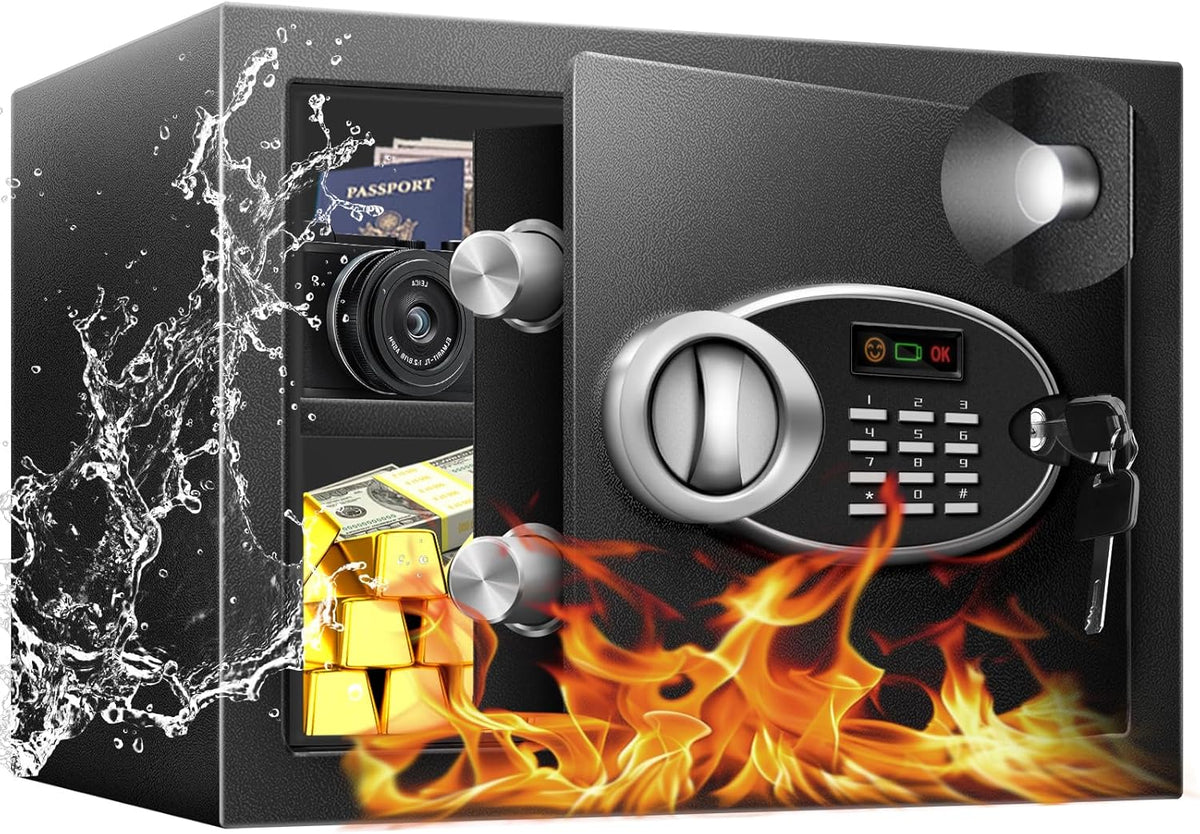 1.8 Cu Ft Safe Box with Fireproof Waterproof for Documents - Steel Security Personal Safe with Digital Electronic Keypad, Emergency Battery Box & Combination Lock, Safety Box for Valuables Money Cash