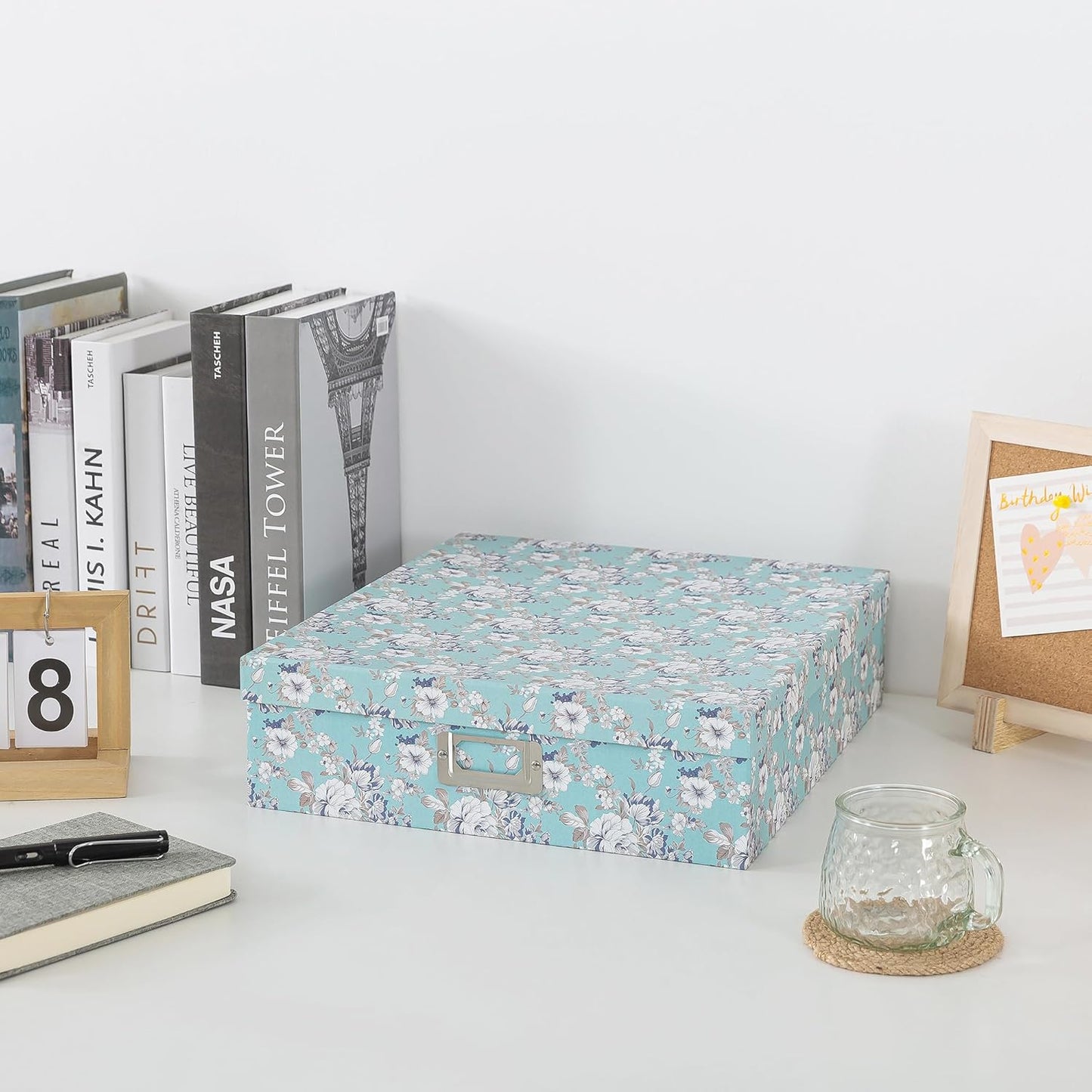 Soul & Lane Photo Storage Box with Lid, 14.8 × 13.0 × 3.7 Inches, Floral Keepsake Memory Organizer, Cardboard Storage for Photo Albums, Scrapbooks, Artwork, Stationary, Memorabilia, Blue Cottage