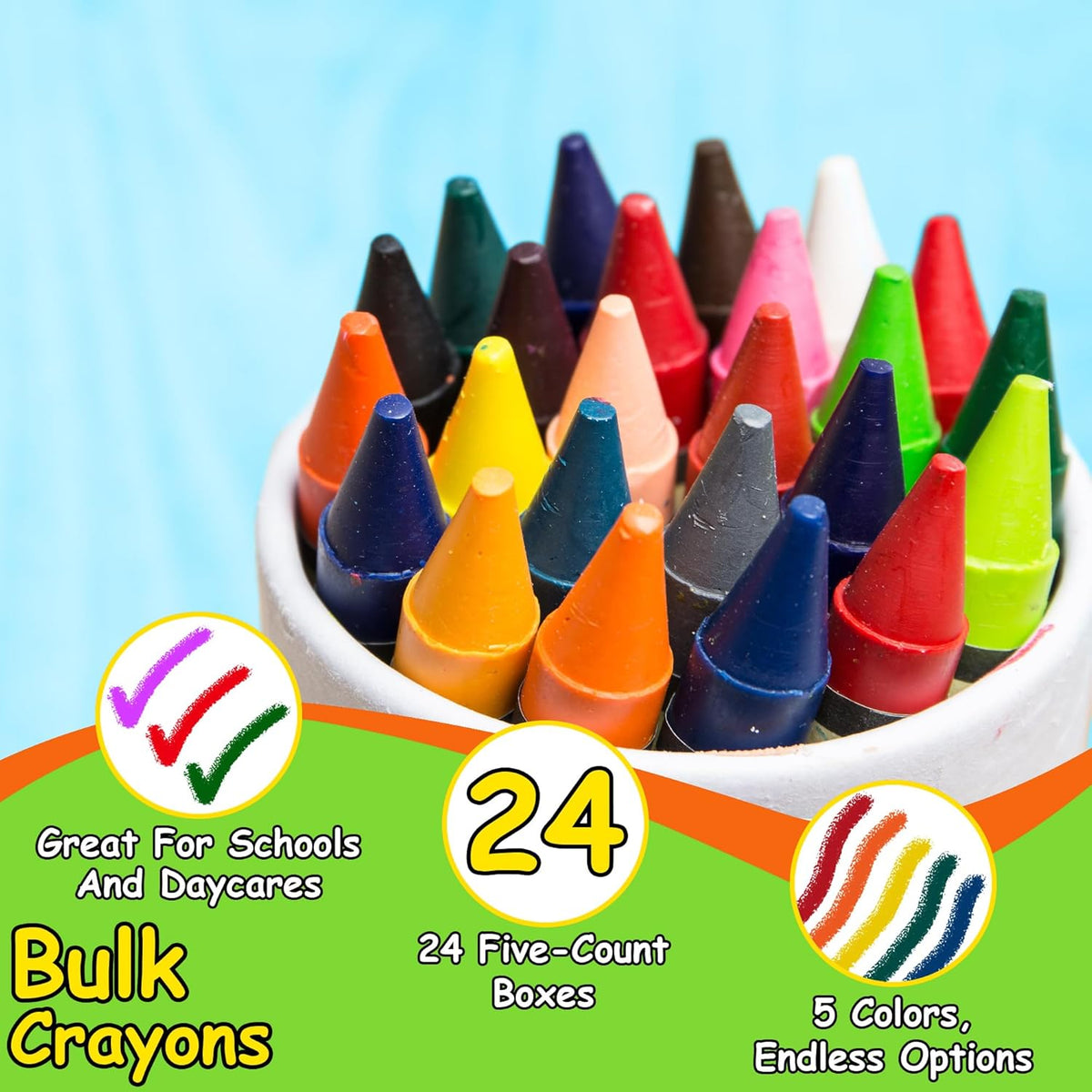 Trail maker Wholesale Bright Wax Coloring Crayons in Bulk 24 Pack, 5 Per Box in Assorted Bundle Art Sets (24 Pack)