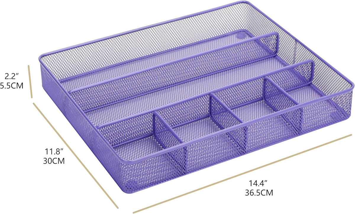 Annova Desk Top Organizer Tray for Office Organization - Metal Mesh - Storage Tray with Dividers for Pens, Desktop Accessories, Bathroom, Kitchen, Makeup and Office Supplies (Large, Purple)