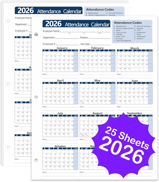 2026 Attendance Calendar (Pack of 25 Sheets) Employee Work Tracker Attendance Calendar Cards - Each sheet 8.5 X 11 100lb CardStock paper Make (25 sheets-Blue)