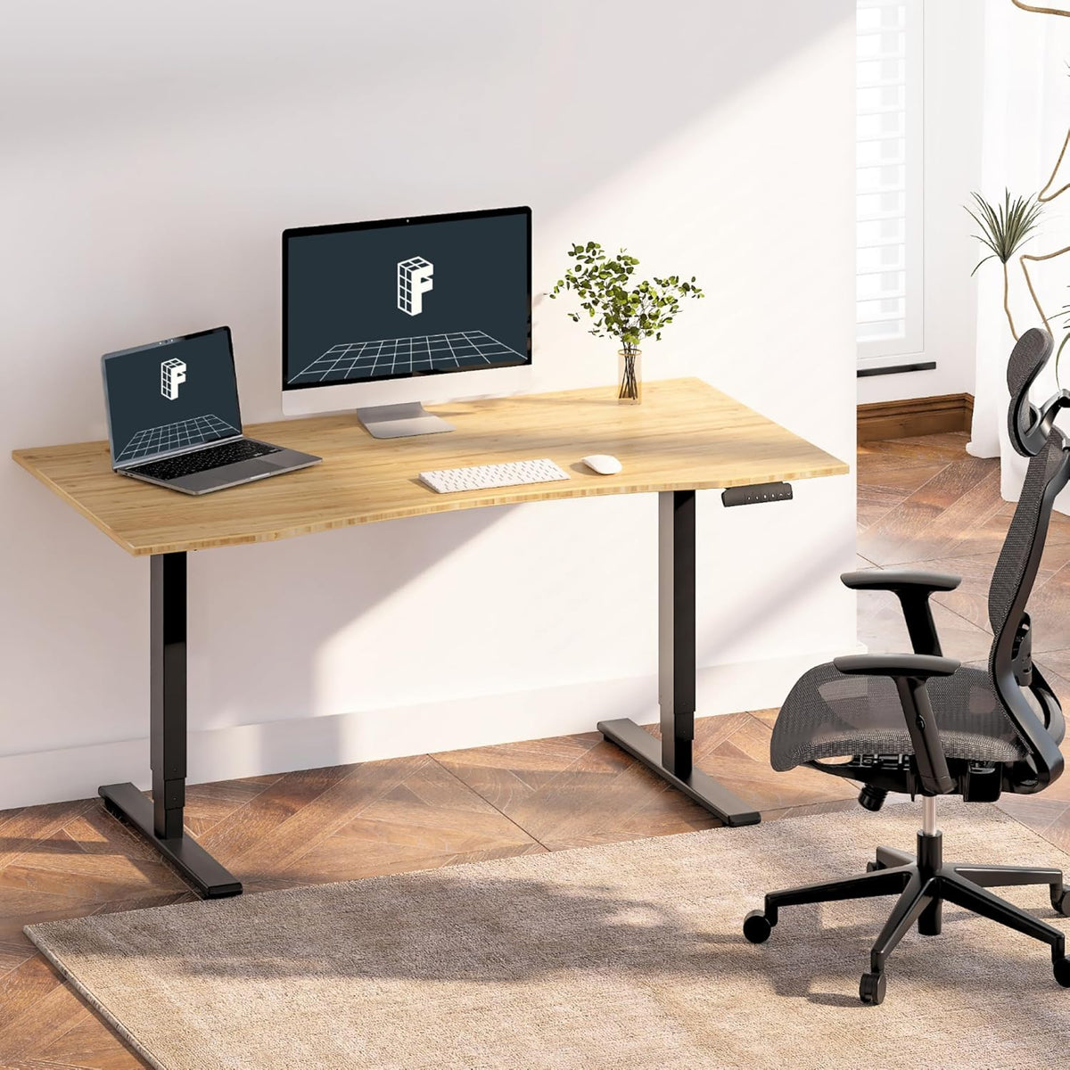 FLEXISPOT E6 Essential Bamboo 3 Stages Dual Motor 78x30 Inch Electric Height Adjustable Standing Whole-Piece Board Desk Sit Stand Up Desk (Black Frame + Bamboo Curved Desktop)