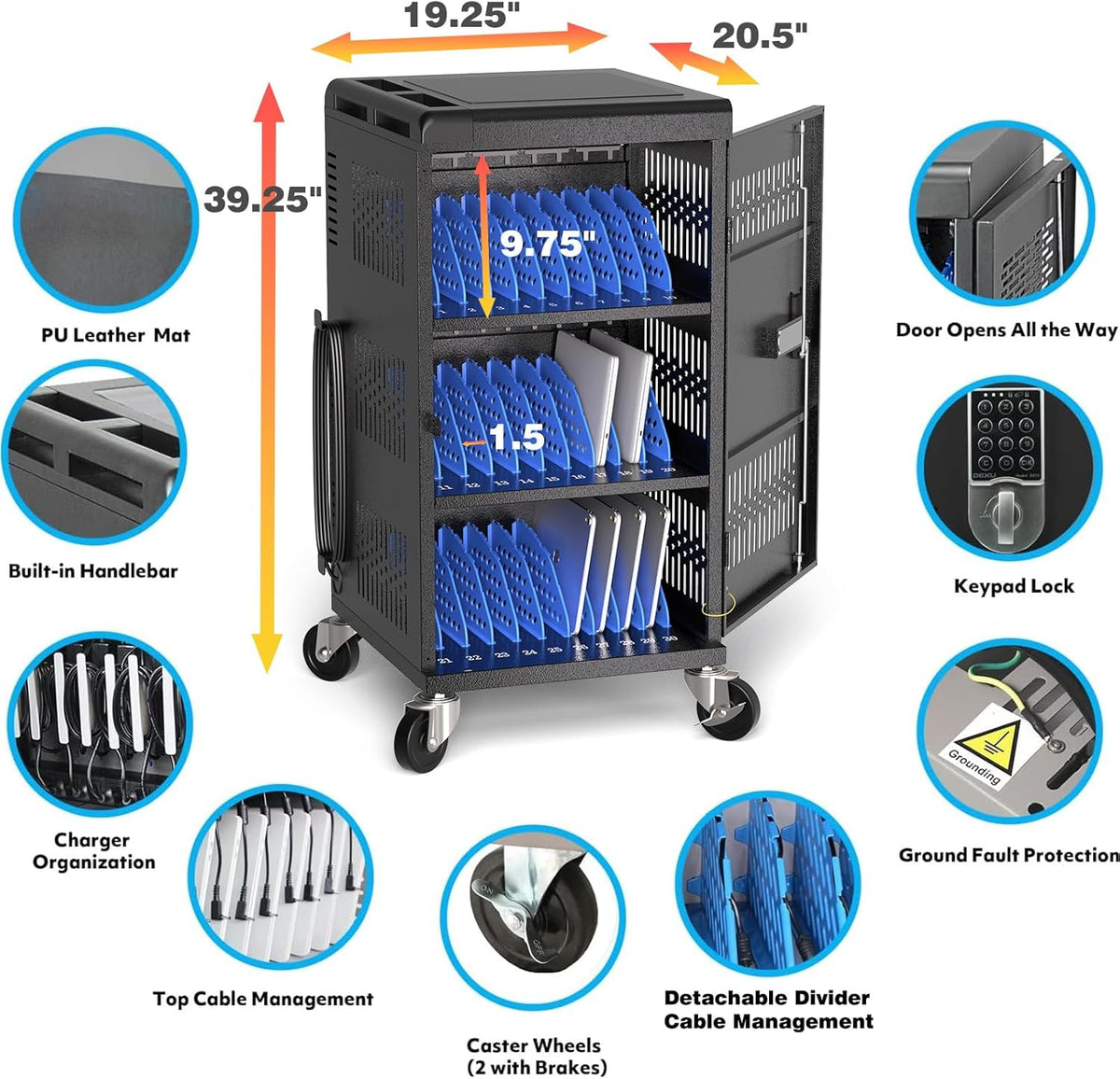 Fully Assembled 30 Bay Mobile Charging and Storage Cart for iPad, Chromebook and Laptop Computer with Keypad Lock,Up to 14-in Screen Size,Surge Protection,Front & Back Access Locking Cabinet