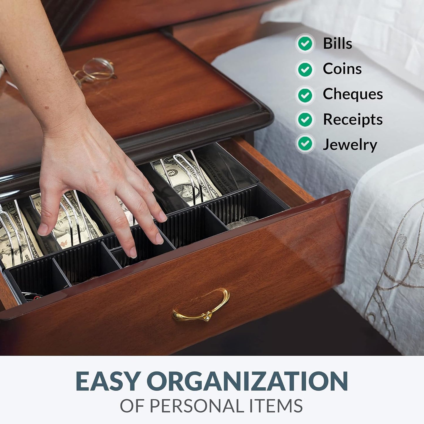 Volcora Cash Drawer Tray - 11.7 x 10.3 x 2.3 Inch Cash Register Insert - 4 Bill / 5 Coin Replacement Cash Tray 13" Fully-Removable Drawers - Stainless Steel Currency Compartment Money Storage