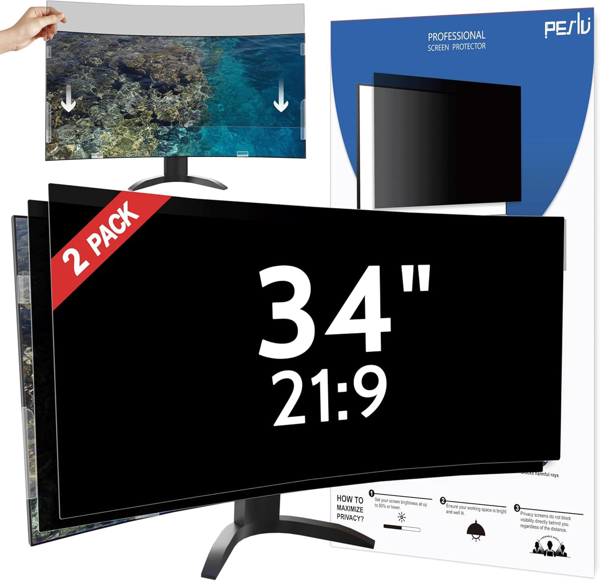[2 Pack] 34 Inch Privacy Screen for Computer Curved Monitor 21:9 Aspect Ratio, Eye Protection Anti Blue Light Glare Shield, 34inch Removable Black Blackout Anti Spy Desktop Security Private Filter