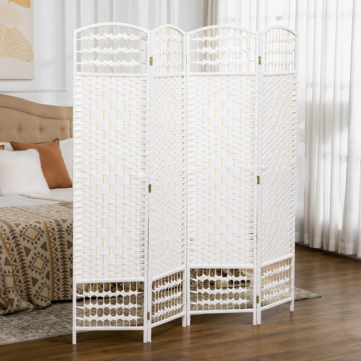 HOMCOM 4 Panel Room Divider, Folding Privacy Screen, 5.6' Room Separator, Wave Fiber Freestanding Partition Wall Divider, White
