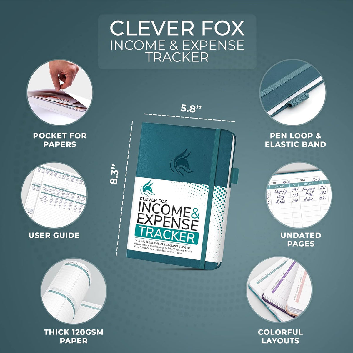 Clever Fox Income & Expense Tracker – Accounting & Bookkeeping Ledger Book for Small Business – 1-Year Record Notebook, A5 (Dark Teal)