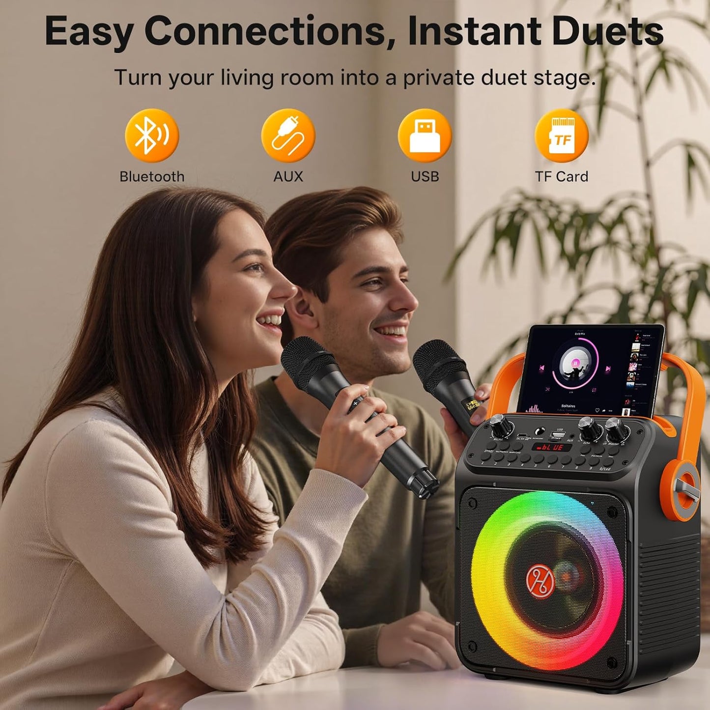 Karaoke Machine, Portable Bluetooth Karaoke Speaker with 2 Wireless Microphones for Adults, PA System with Echo Adjustment, LED Lights, Supports USB/TF/REC/FM/AUX, for Home Party, Outdoor