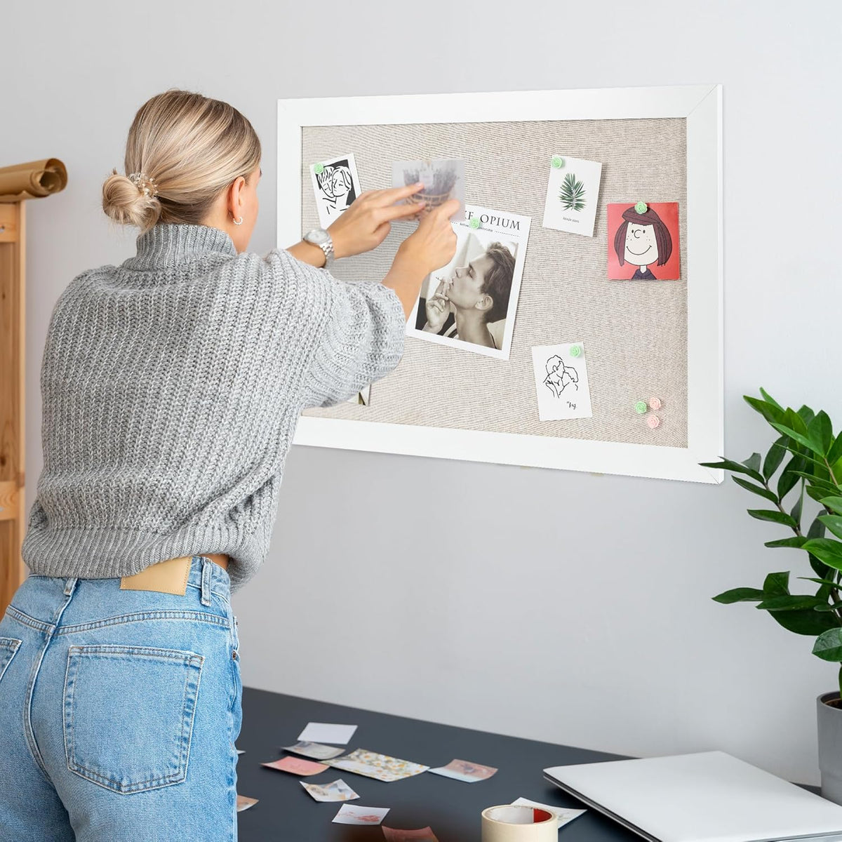 Board2by 2-Pack Farmhouse Linen Cork Bulletin Board, White Frame 30" x 20" Corkboard, Office Board for Wall Decor, Wall Mounted Pin Board Picture Board with 40 Pushpins for School, Home & Office
