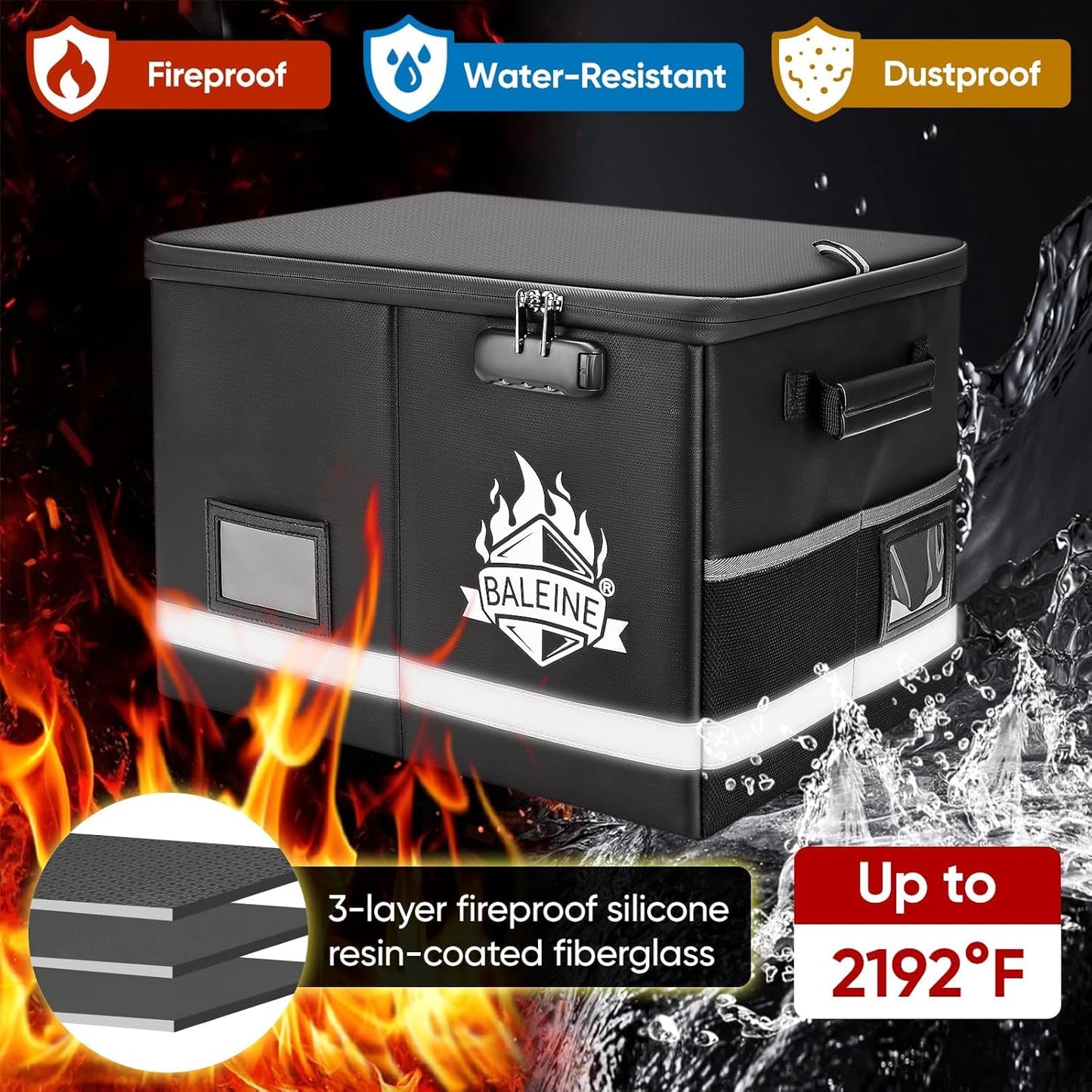 BALEINE Fireproof Document Box with Lock, Portable Fireproof Document Bag Waterproof Fire Proof File Boxes for Documents, File Organizer Box for Important Paperwork (Black, 16''x12.5''x11.5'')