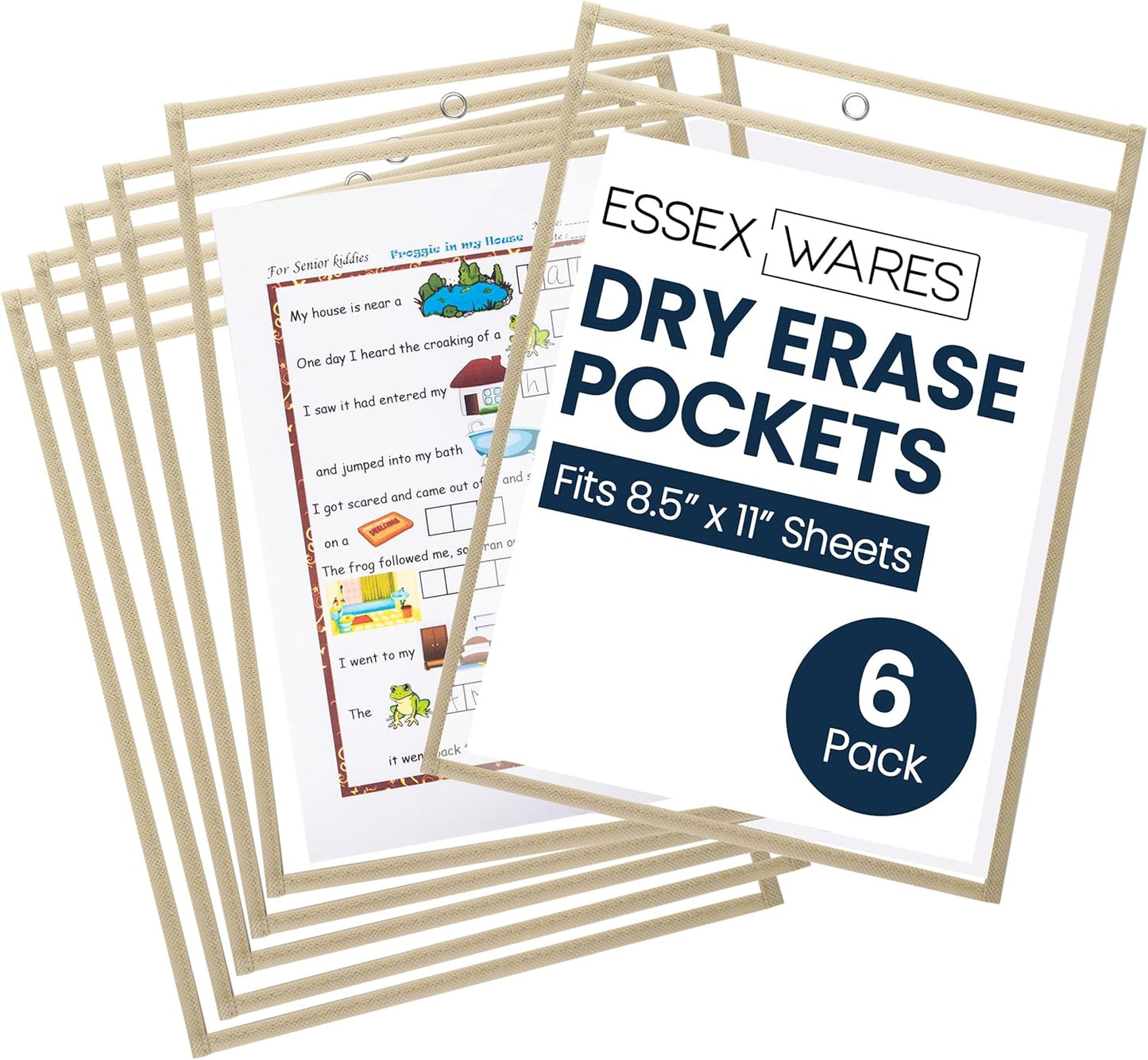 Essex Wares - 6 Pack, Cream, Durable Water-Resistant Dry Erase Pocket Document Protectors, 10" Wide x 13.5" Tall - Dry Erase Clear Plastic Sleeves - Reusable & Easy Erase Plastic Invoice Holders