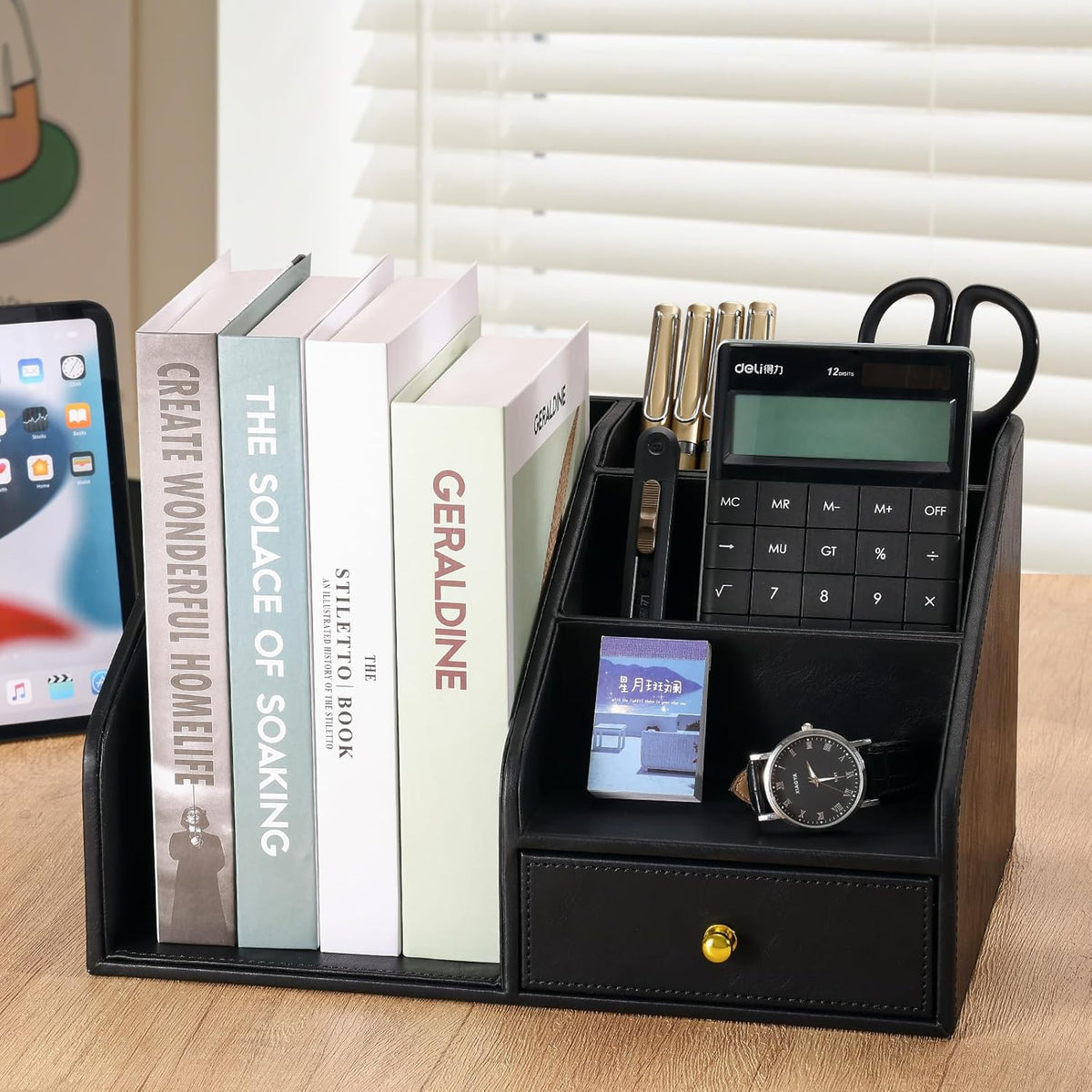 KINGFOM PU Leather Desk Organizer, Multifunction 6 Compartment Desk Organizers and Accessories for Office Supplies, Pen Pencil Holder/Book Mail Organizer Holder for Desk with Drawer(Black)