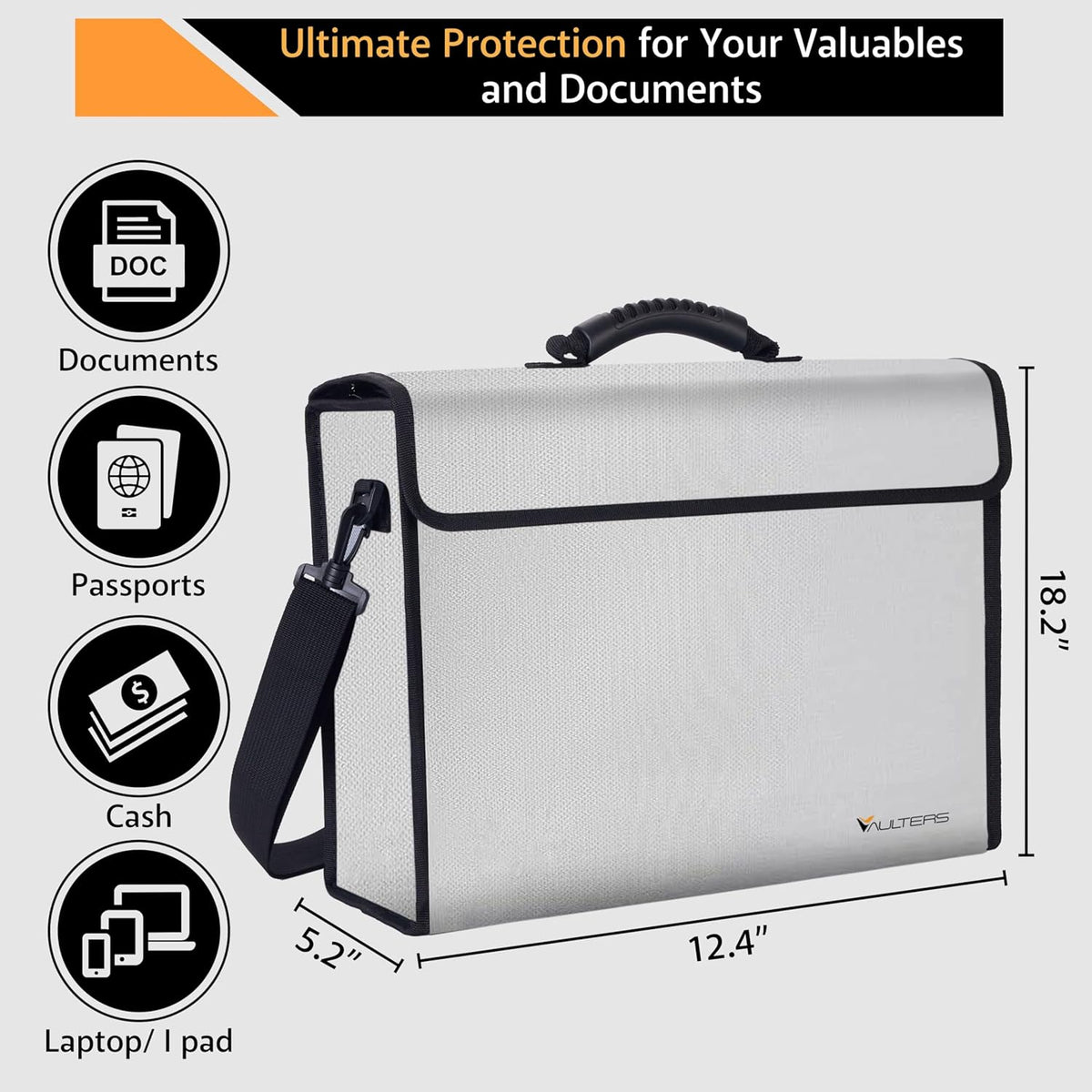 Fireproof Document Bag with Lockable Zipper - 2000°F Heat Resistant & Waterproof Bag with Reflective Strip, Shoulder Strap - Fireproof Money Box & Document Organizer for Home, Office, Travel