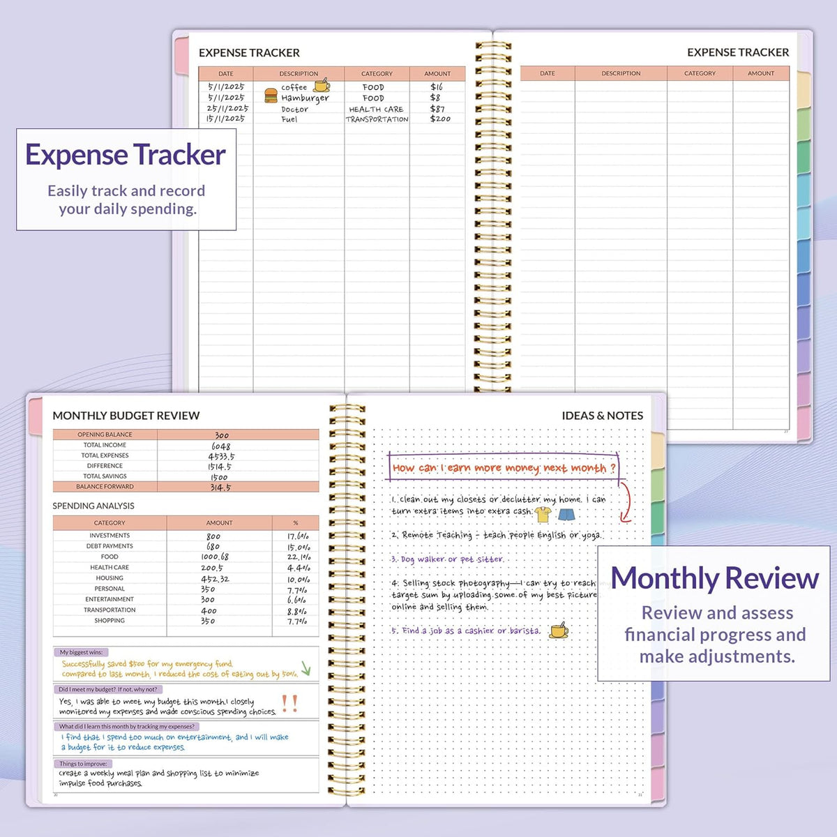 SUNEE Budget Planner - Monthly Budget Book with Expense Tracker Notebook, A4(8.5" x 11") Undated 12 Month Bill Organizer & Finance Planner to Manage Your Money, Account Book with Colorful Tab, Purple