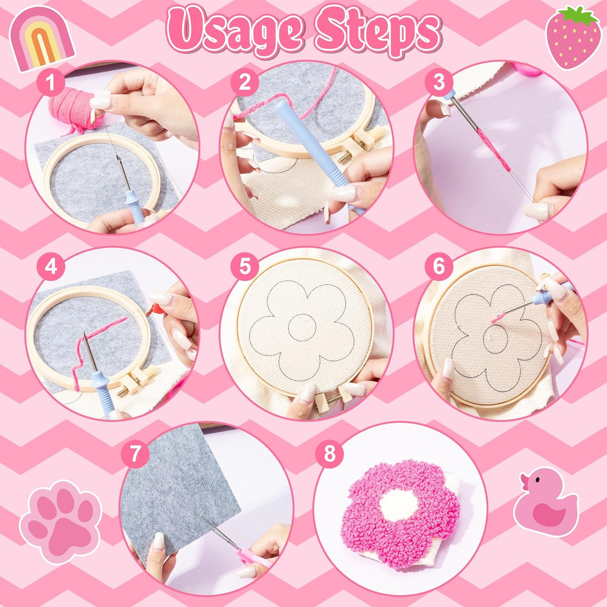 WATINC Punch Needle Coaster Kits - 23Pcs Easy Art Work Decor Craft Supply for Beginners, DIY Set of 6 Unique Pattern Tufted Pads with Adhesive Felt Yarns Tools Instruction Customized Boxes (Pink)