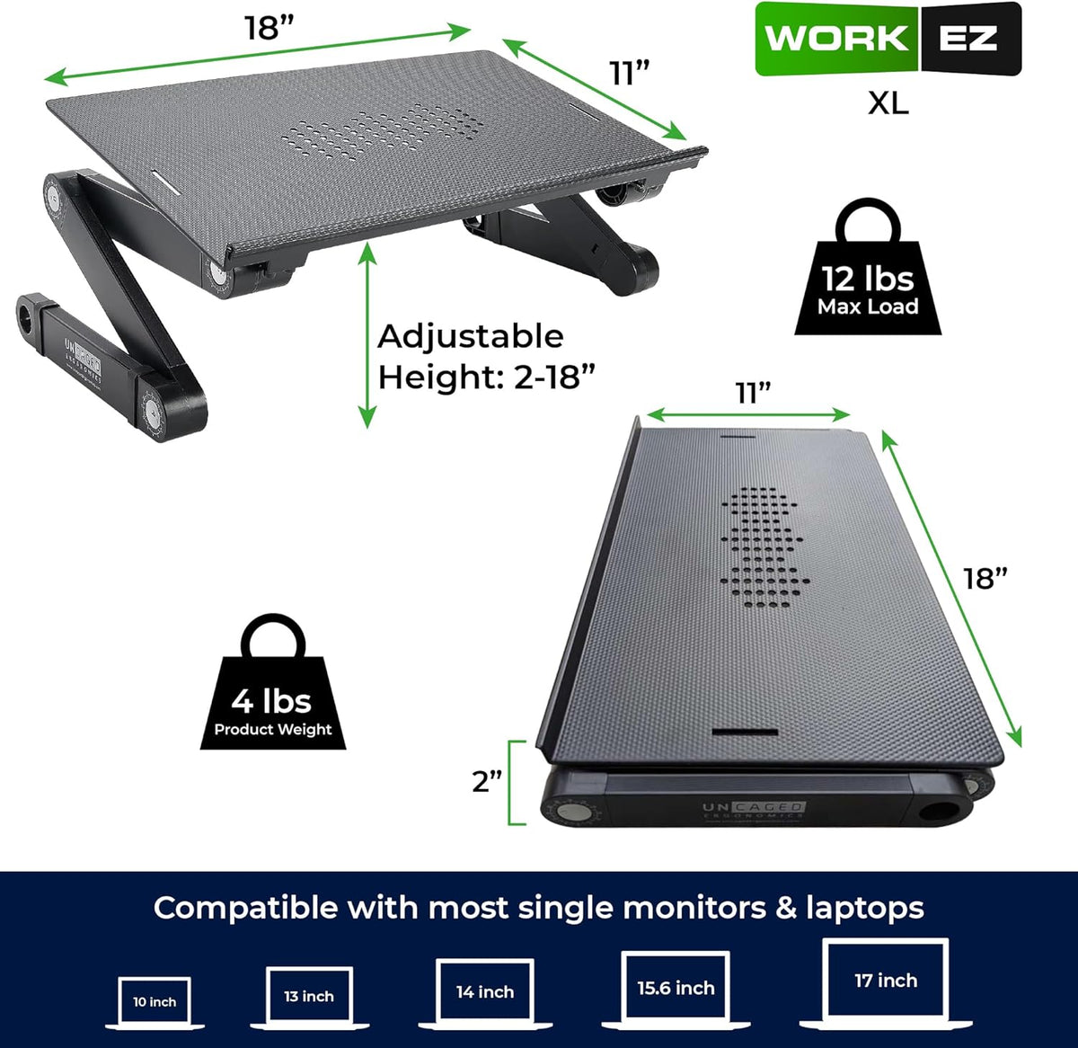 Uncaged Ergonomics Workez Adjustable Laptop Stand for Desk, Laptop Stand Adjustable Height, Foldable Aluminum Cooling Computer Holder & Riser for Desk Bed, XL-Blue