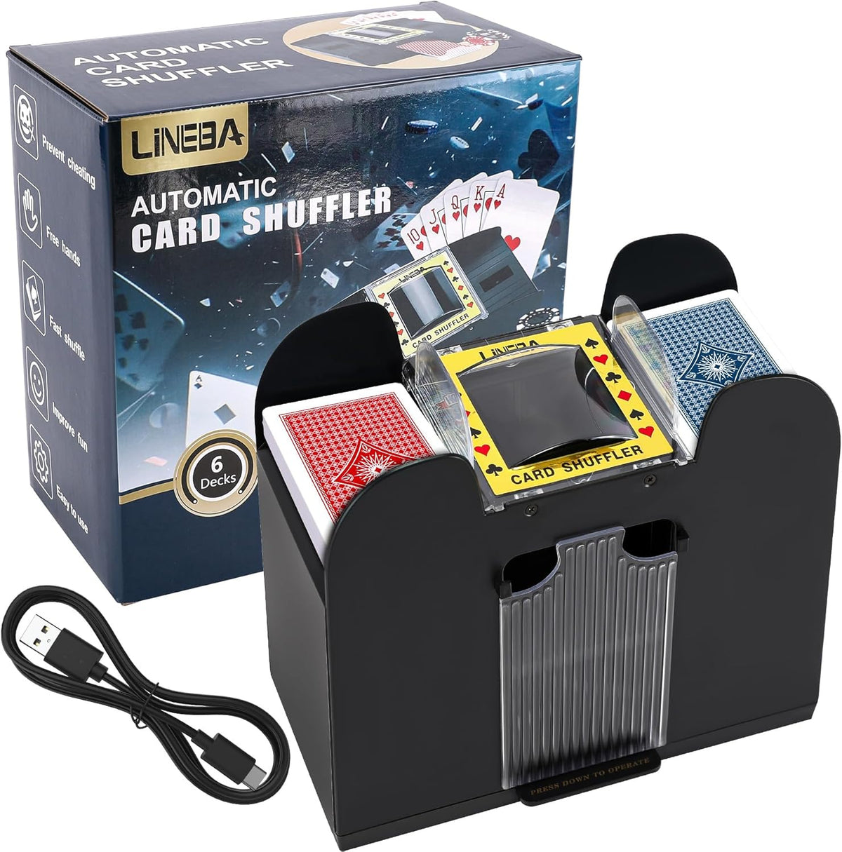 Automatic Card Shuffler 6 Deck Heavy Duty Electric Card Shuffler, USB/Battery-Operated Casino Playing Card Shuffler for Card Games