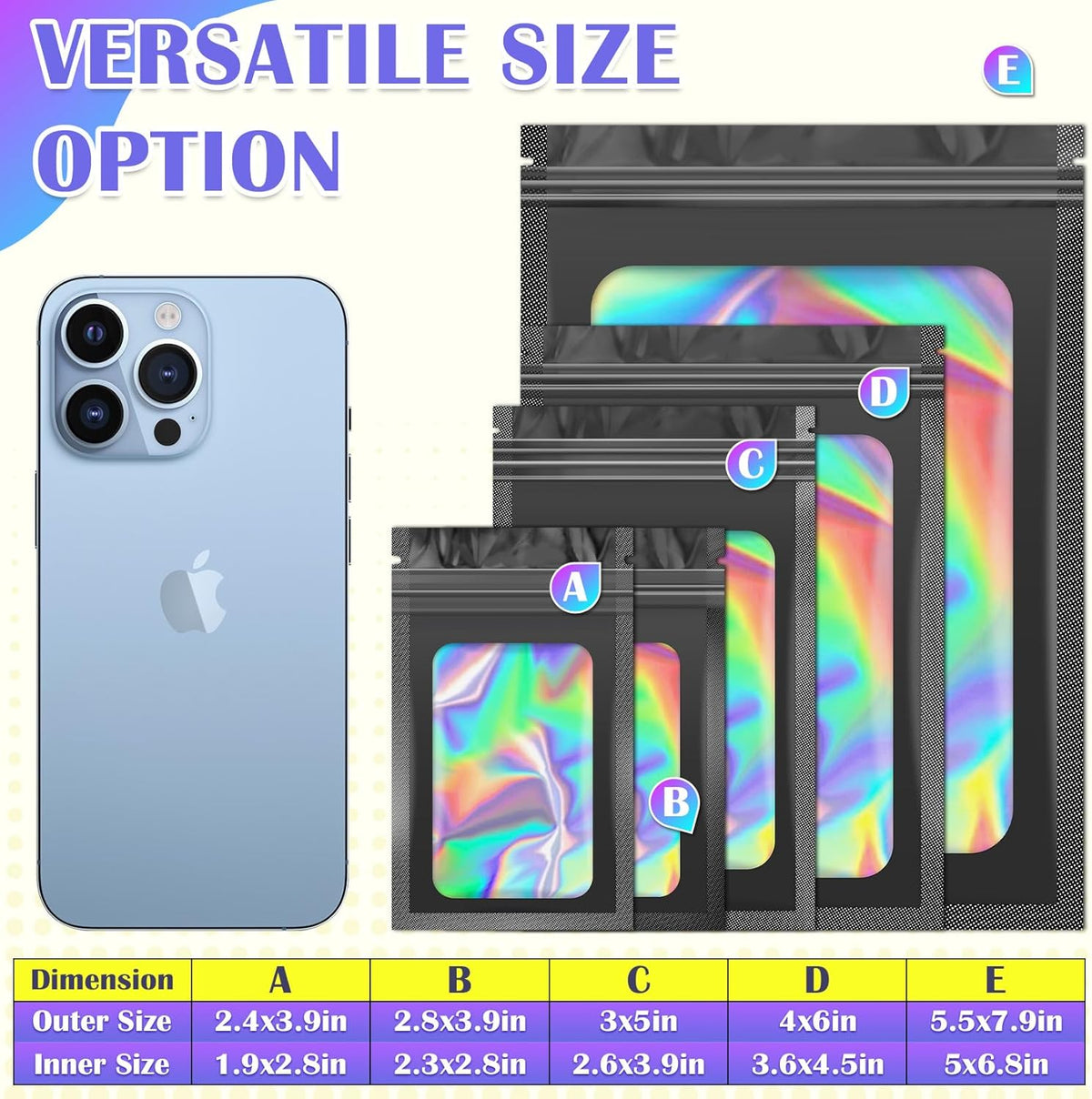 300 Pcs Mylar Bags, Smell Proof Bags Foil Pouch, Holographic Resealable Bags for Small Business, Candy Sample Jewelry Bag Sealable Packaging for Party Favor Food Storage ((2.8x3.9in-Black)