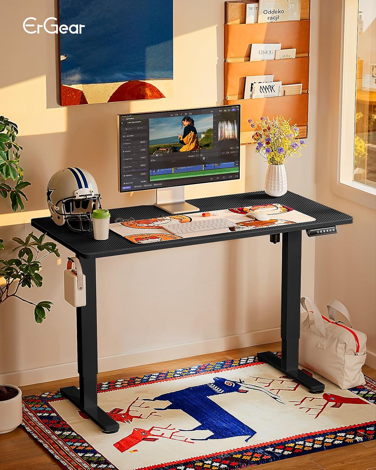 ErGear Height Adjustable Electric Standing Desk, 47.2 x 23.6 Inches Sit Stand up Desk, Memory Computer Home Office Desk with Two-Piece Desktop (Carbon Fiber Black)
