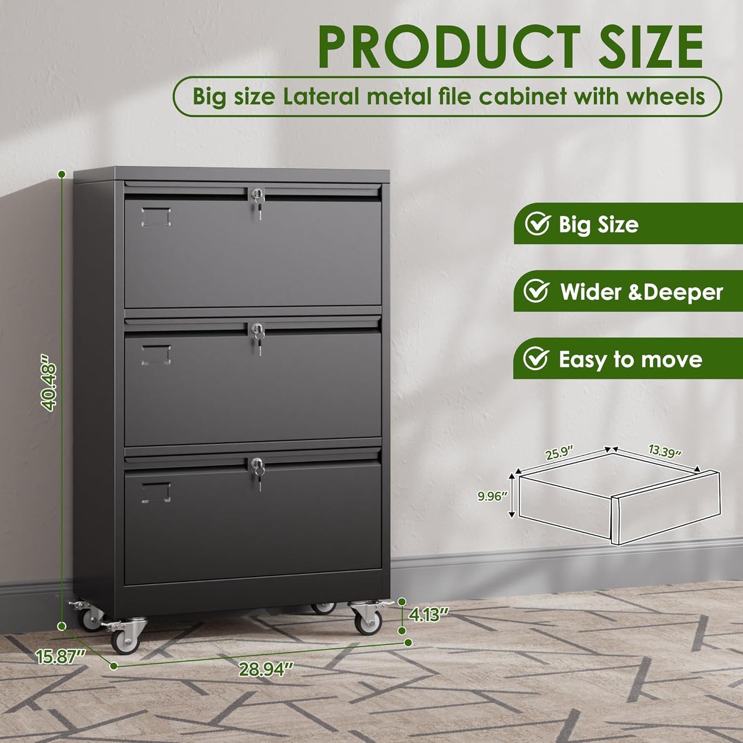 Aobabo 3 Drawer Wide File Cabinet with Wheels, Lockable Metal Filing Cabinet for Home Office, Legal/Letter Size,Black,Required Assembled,15.87" D x 28.94" W x40.48 H