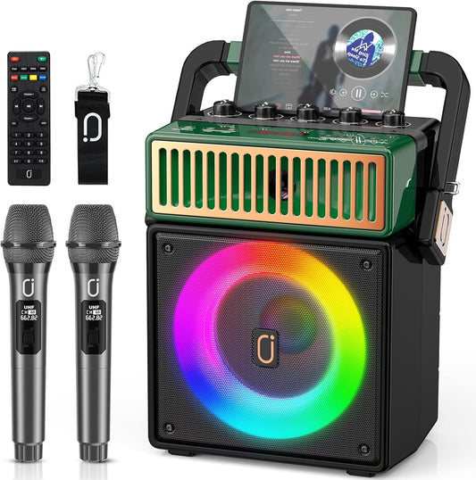 JYX Bluetooth PA Speaker System with 2 Wireless Mics, Retro 60W Karaoke Machine with LED Lights, Supports Recording, USB/TF/AUX/MIC Input for Home Party