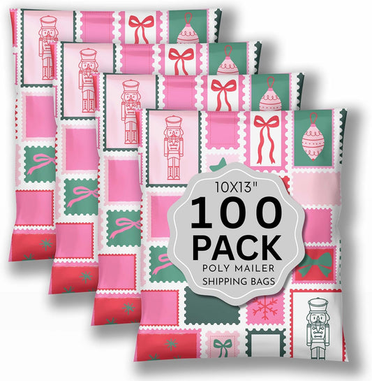 Picksie Mailers- Cute Christmas Shipping Bags 10x13 Packaging Supplies for Small Business Pink Designer Holiday Mailers Polybag Packaging 100 Pack Bulk Mailers Shipping Envelope - Holly Poly Postage
