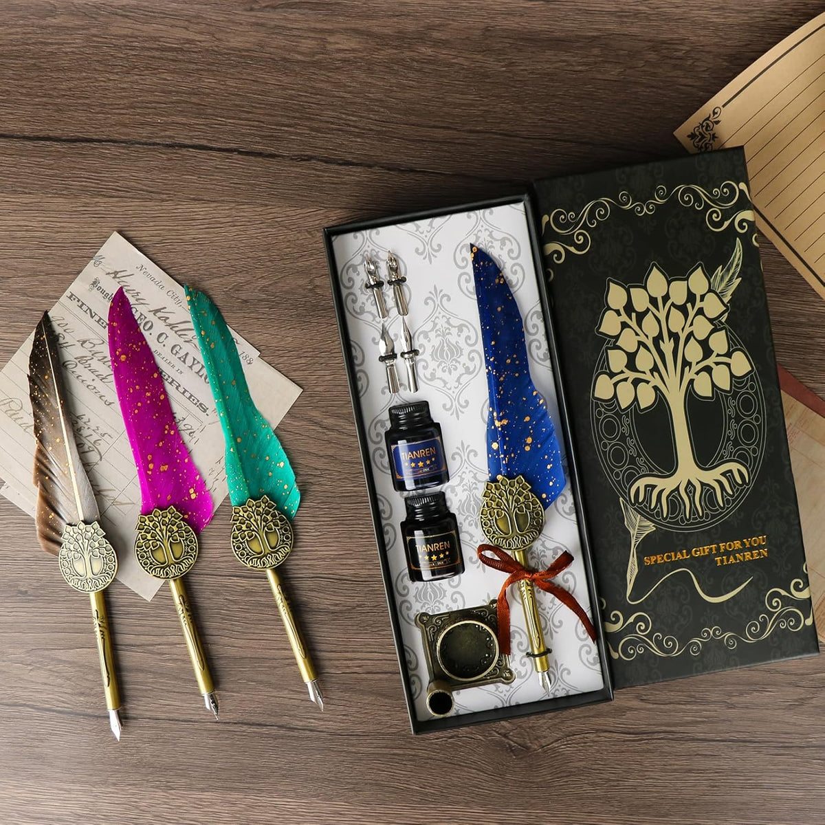Feather Pen and Ink Set,quill pen ink set,Antique Calligraphy Pen with 4 Replaceable Nibs,2 Bottle of ink,Pen Holder Christmas Gift for Men&Women.(Blue)