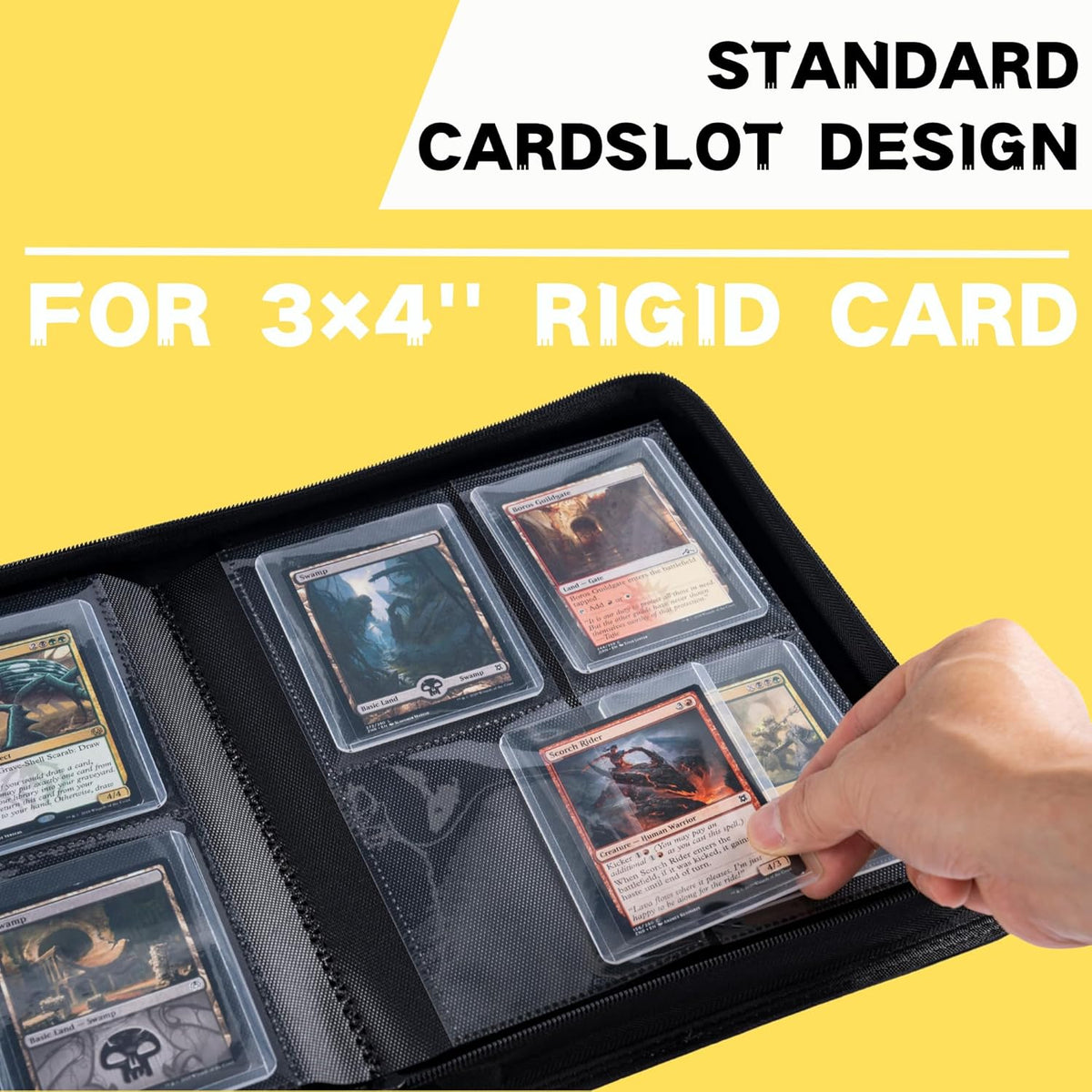 Toploader Binder, Holds 128+ Toploaders, 4 Pocket Top Loader Card Storage Case, Double-Sided Pockets for trading card in 3 x 4'' Toploaders (Yellow)