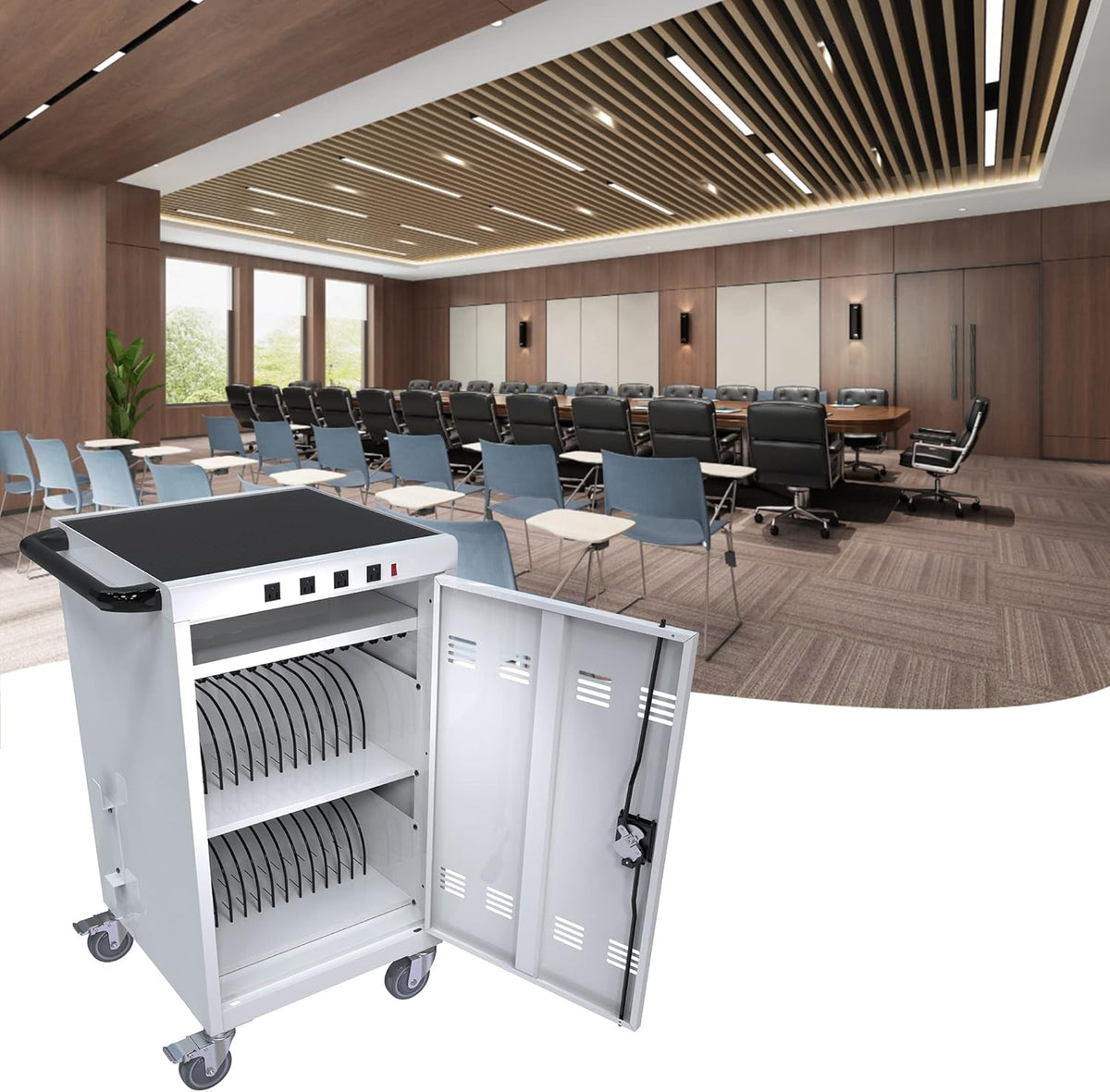 36 Device Charging Cart, Laptop and Tablet Storage Cart, Holds Up to 16.3" with Cord Management, Front and Rear Door Locks, Classroom or Office Charging Cabinet.White with 4 Position Power Strip
