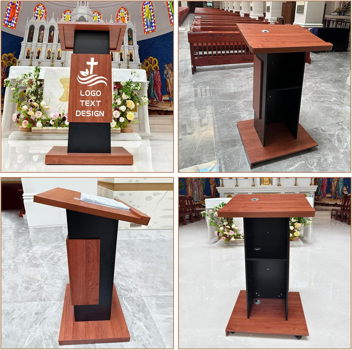 47’’ Customized Wooden Podium Stand with 4 Wheels, Portable Lectern Churches with Wire Hole, Pulpits Stand with Storage for Churches, Office, School Home Conference Restaurant Meeting