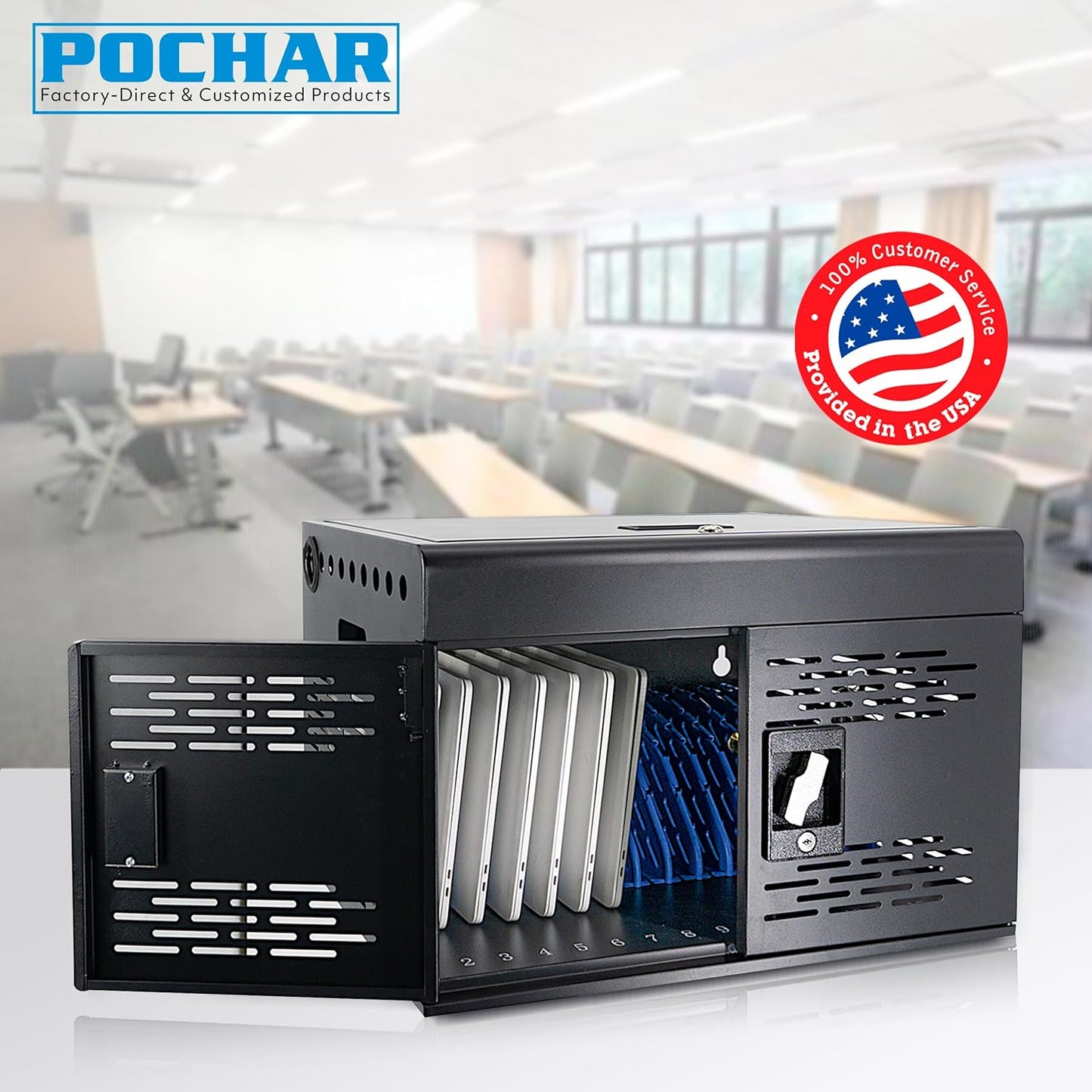 POCHAR 16-Unit Charging Cabinet for Laptops & Tablets - Locking Laptop Storage Box with Cable Management, Charger Storage, and Ground Protection for Classroom, Library, and Office (Black)