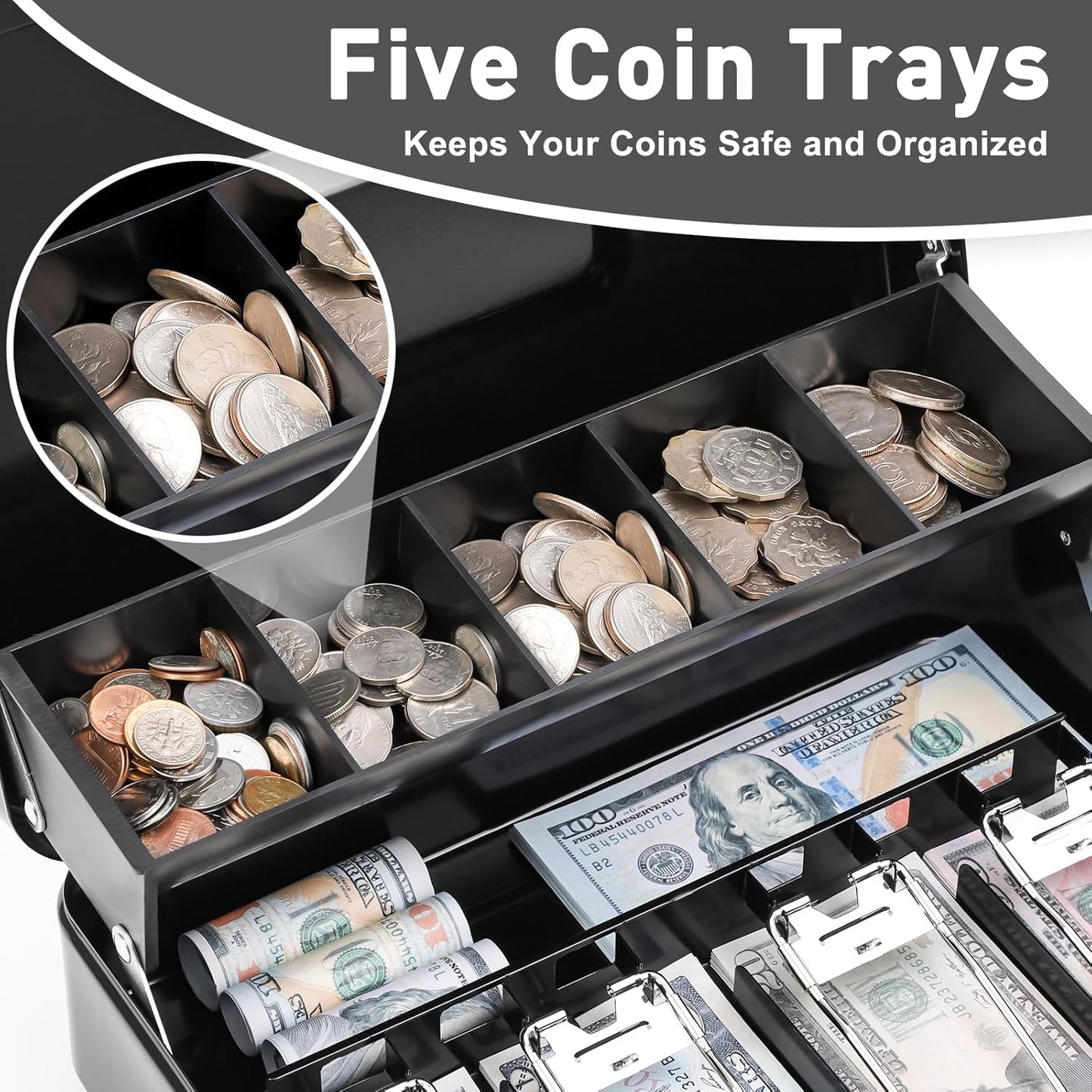 KYODOLED Large Cash Box with Combination Lock,Money Box with Cash Tray, Lock Safe Box with Key,Money Saving Organizer,11.81Lx 9.45Wx 3.54H Inches,Black XL Large