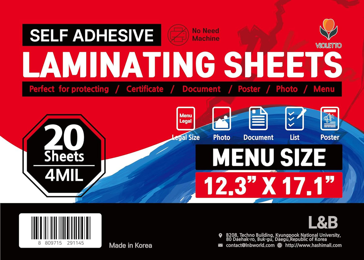 Self Adhesive Laminating Sheets 12.3x17.1 inches, 20 Pack, 4mil Thickness, No Heat or Machine Needed, Waterproof, Self Sealing, Easy Peel and Stick, Heavy Duty Clear Glossy Finish, by VIOLETTO