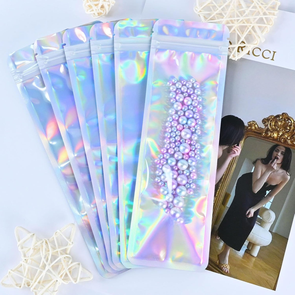 Resealable Mylar Pouch Pen Bags Great for Office Home Party Favor Food Storage Cookies Sample Jewelry Snack (100PCS, Holographic Color, 2.7 x 9 inch)