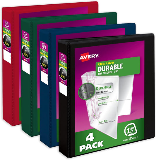 Avery Durable View 3 Ring Binders, 1.5 Inch Slant Rings, 375-Sheet Capacity, Assorted Dark Colors, 4-Pack (05622) – for School, Office, Teachers, Classrooms & Home Organization
