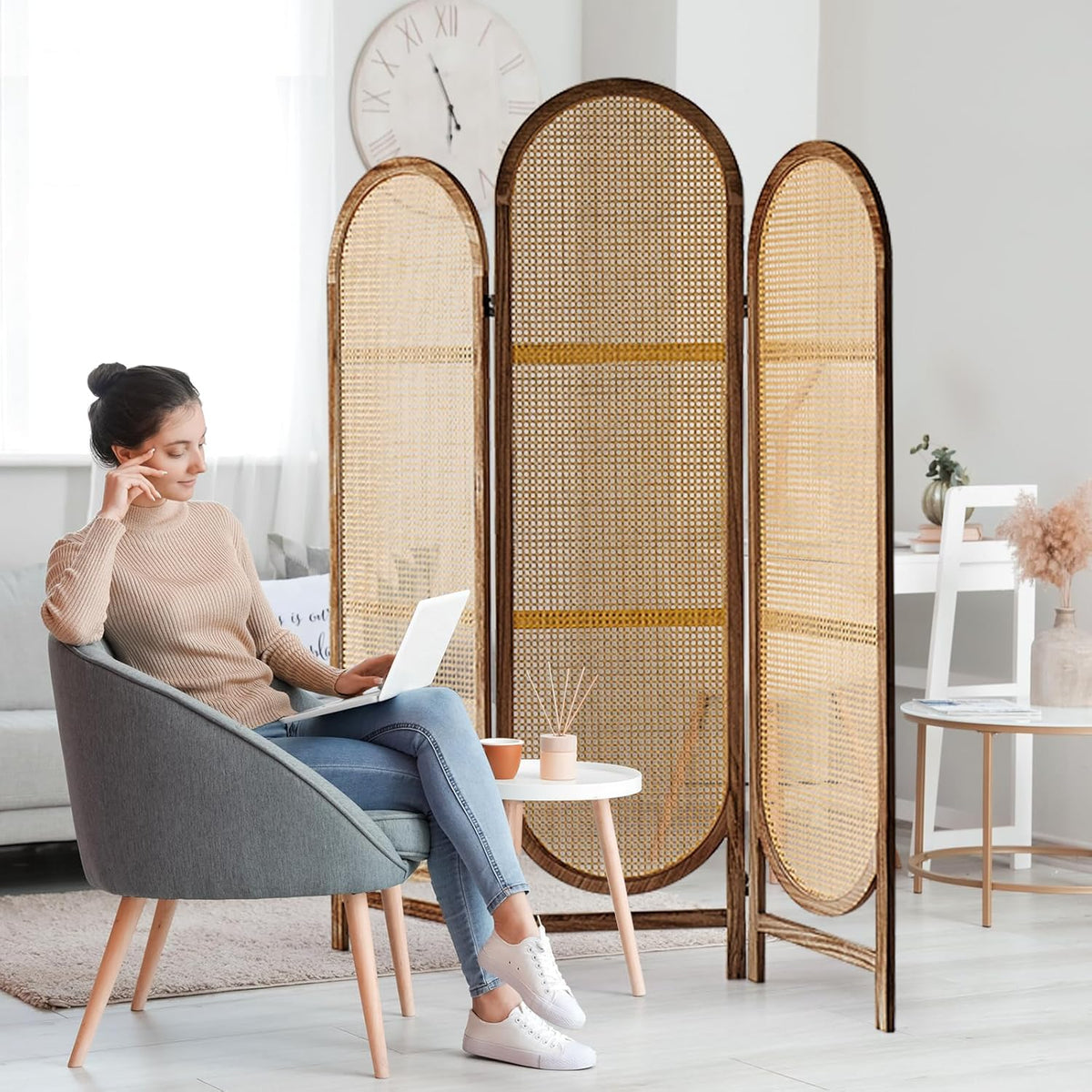 5.9 Ft Tall Hand-Woven Rattan Room Divider 3 Panels, Wood Room Divider Panel, Folding Screen Divider Wall, Wall Divider for Room Separation, Folding Privacy Screen, Home Office - Brown