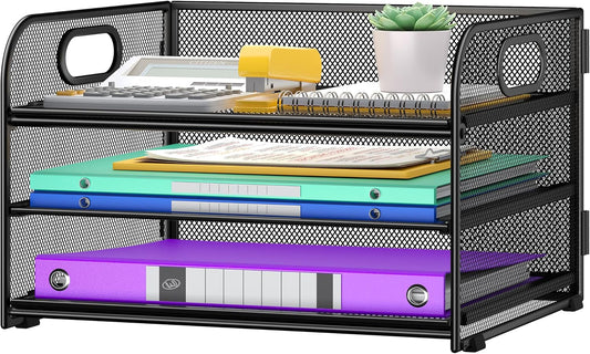 3 Tier Paper Organizer with Handle, Metal Desk Organizer Mesh Paper Letter Tray Desktop File Folder Document Sorter for Classroom, School, Office Accessories Organization and Storage - Black