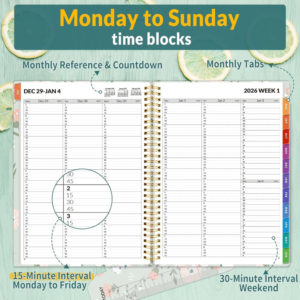 SUNEE 2026 Appointment Book, Quarter-Hourly, Weekly & Monthly - from January 2026 - December 2026, 8.5"x11" Weekly Planner, Flexible Cover, Note Pages, Pockets, Bookmark, Green Wildflowers