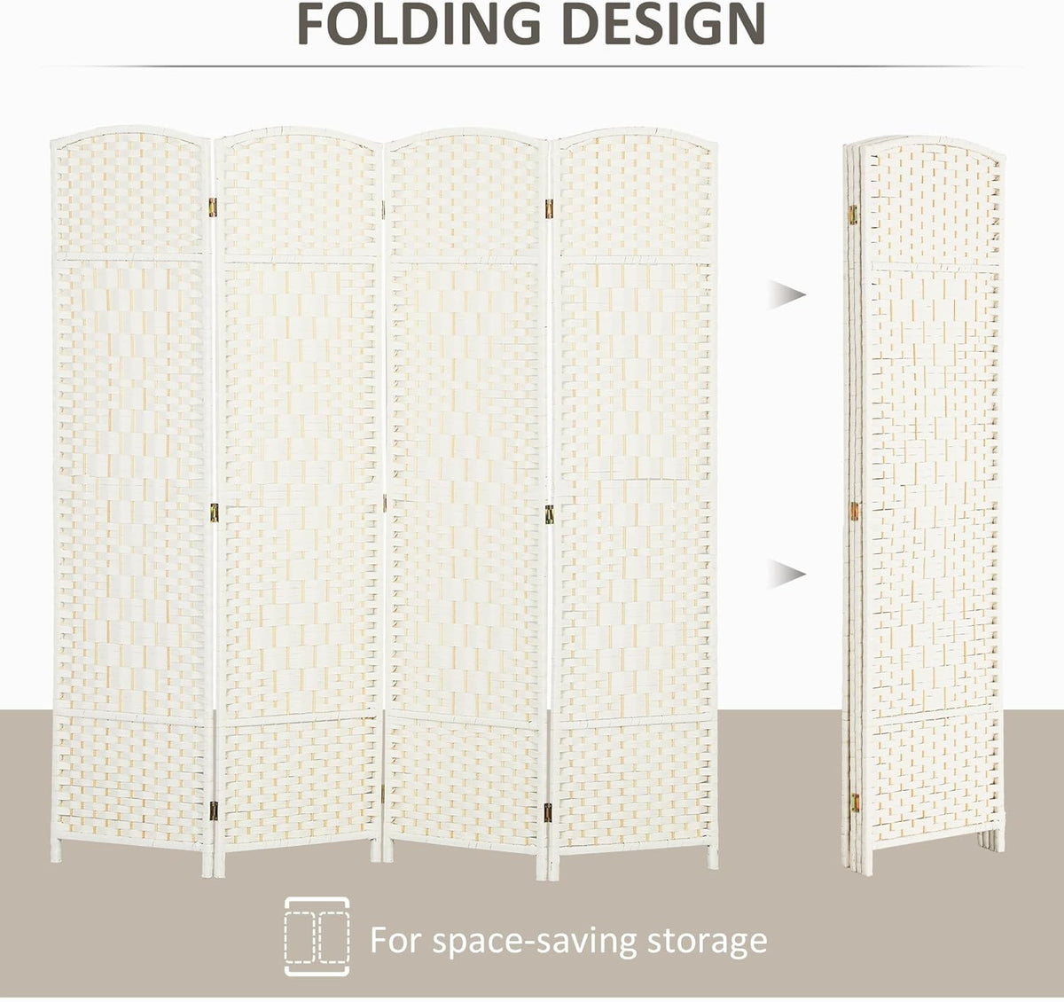 HOMCOM 4 Panel Room Divider, 6' Tall Folding Privacy Screen, Hand-Woven Freestanding Wall Partition for Home Office, Bedroom, White
