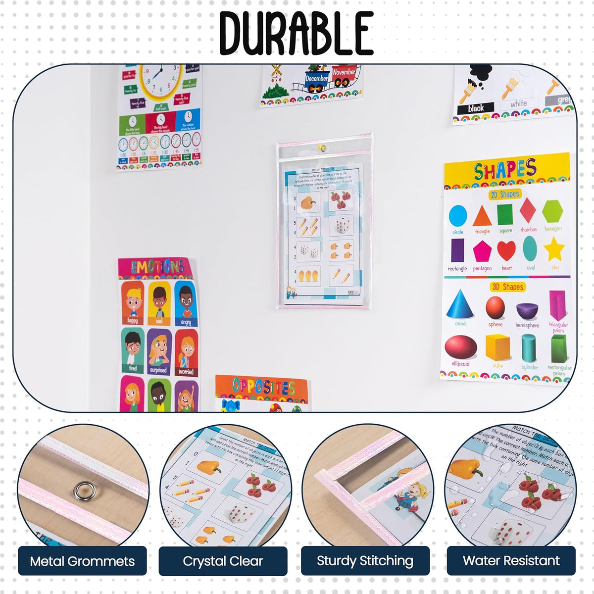 Essex Wares - 6 Pack, Shimmer, Water-Resistant Dry Erase Pocket Document Protectors, 10" Wide x 13.5" Tall - Dry Erase Clear Plastic Sleeves - Reusable & Easy Erase Plastic Invoice Holders