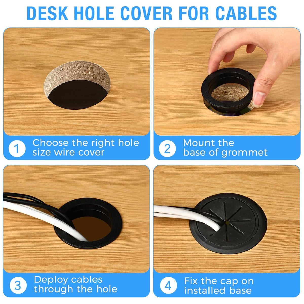 Desk Grommet 2-1/16" (53 mm), Desk Hole Cover for Cables Black, Cable Grommet ABS Plastic, Desk Hole Grommet for Office and Home Table Cable, Detachable & Flexible Cable Cord Organizer-4 Pcs