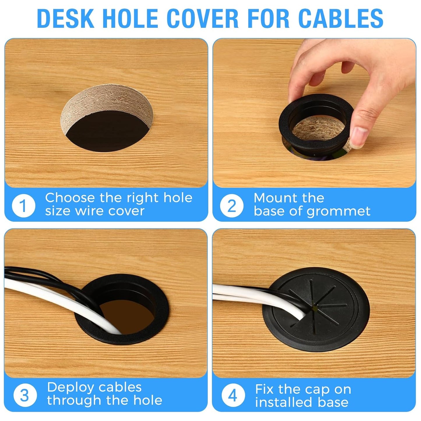 Desk Grommet 2" (50 mm), Desk Hole Cover for Cables Grey, Cable Grommet ABS Plastic, Desk Hole Grommet for Office and Home Table Cable, Detachable & Flexible Cable Cord Organizer-2 Pcs