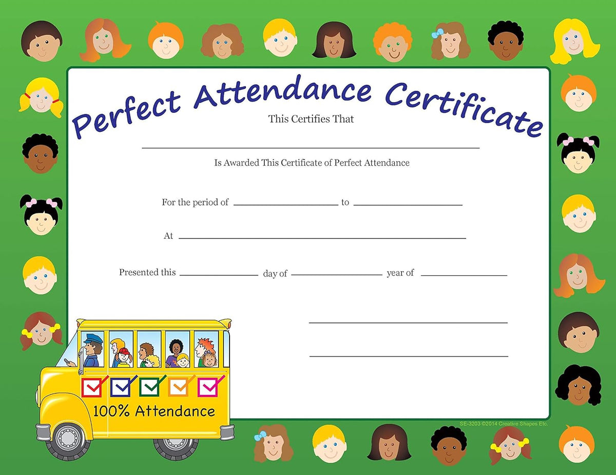 SHAPES ETC. 30pcs Perfect Attendance Recognition Certificates 11inx8.5in Colorful Award Kids Student Graduations Moving Up Ceremonies Achievement Days Banquets Academic Competitions USA Made