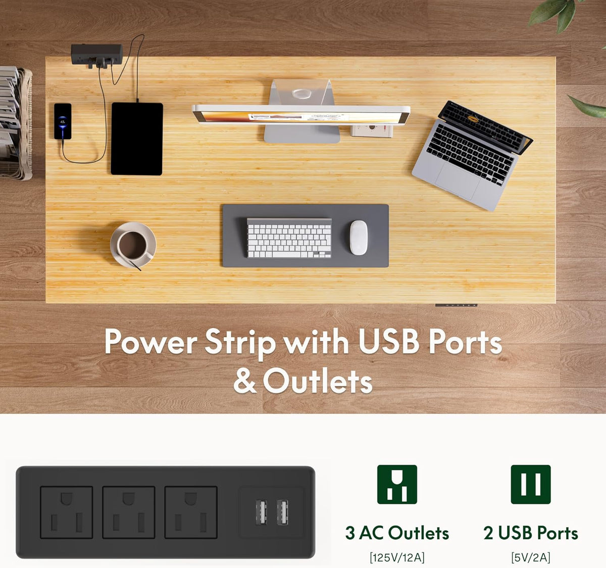 FLEXISPOT EN2 Whole-Piece Bamboo Standing Desk with Clamp Power Strip, 48 x 24'' Electric Stand Up Height Adjustable Desk with Cable Management (Black Frame + 48" Bamboo Top, 2 Packages)