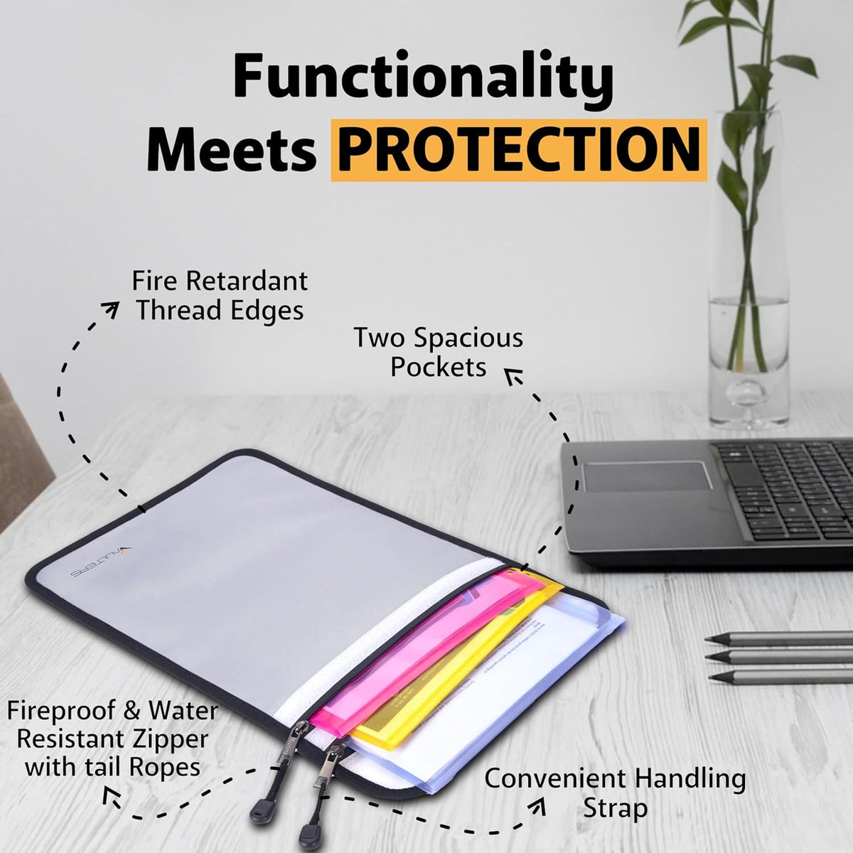 2000°F Upgraded Fireproof Document Bag - 15"x11" Fireproof & Waterproof Document Bag with Dual Pockets & Zipper, Silicone-Coated Fire Safe Bag for Cash, Documents, Passport, Valuables & Legal Files