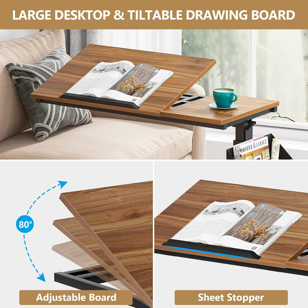 Tribesigns Height Adjustable C Shaped End Table with Wheels and Side Pocket, Mobile Sofa Snack Table with Tiltable Drawing Board, Laptop Side Tray Table for Couch Bed (Walnut Brown)